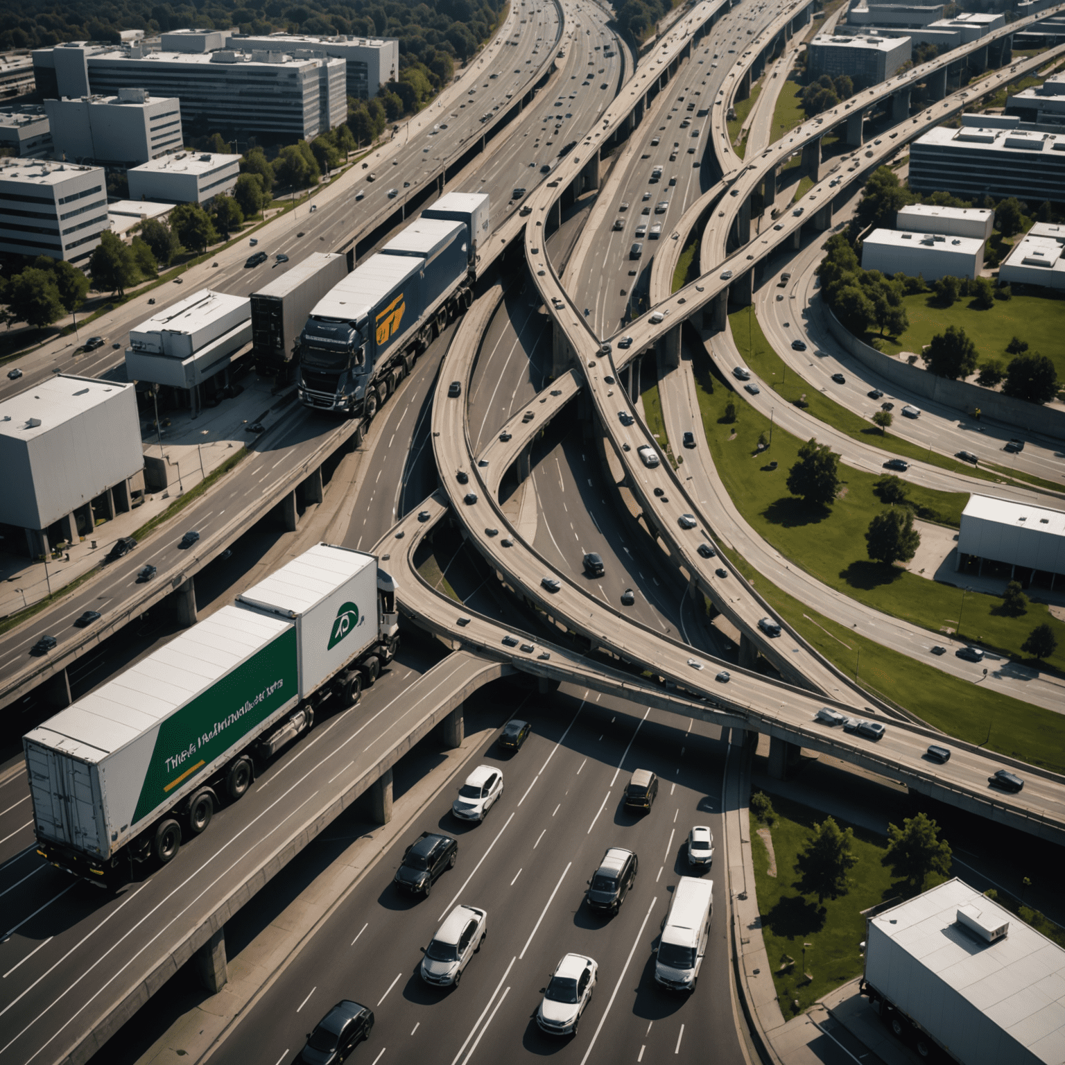 A map with multiple optimized routes highlighted, showing trucks navigating through cities and highways efficiently. The image displays real-time traffic data and alternative route suggestions.